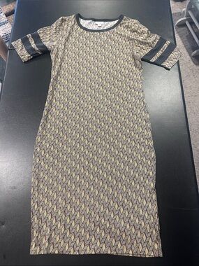 LuLaRoe Geometric Midi Dress in Cream, Yellow & Black Trim
